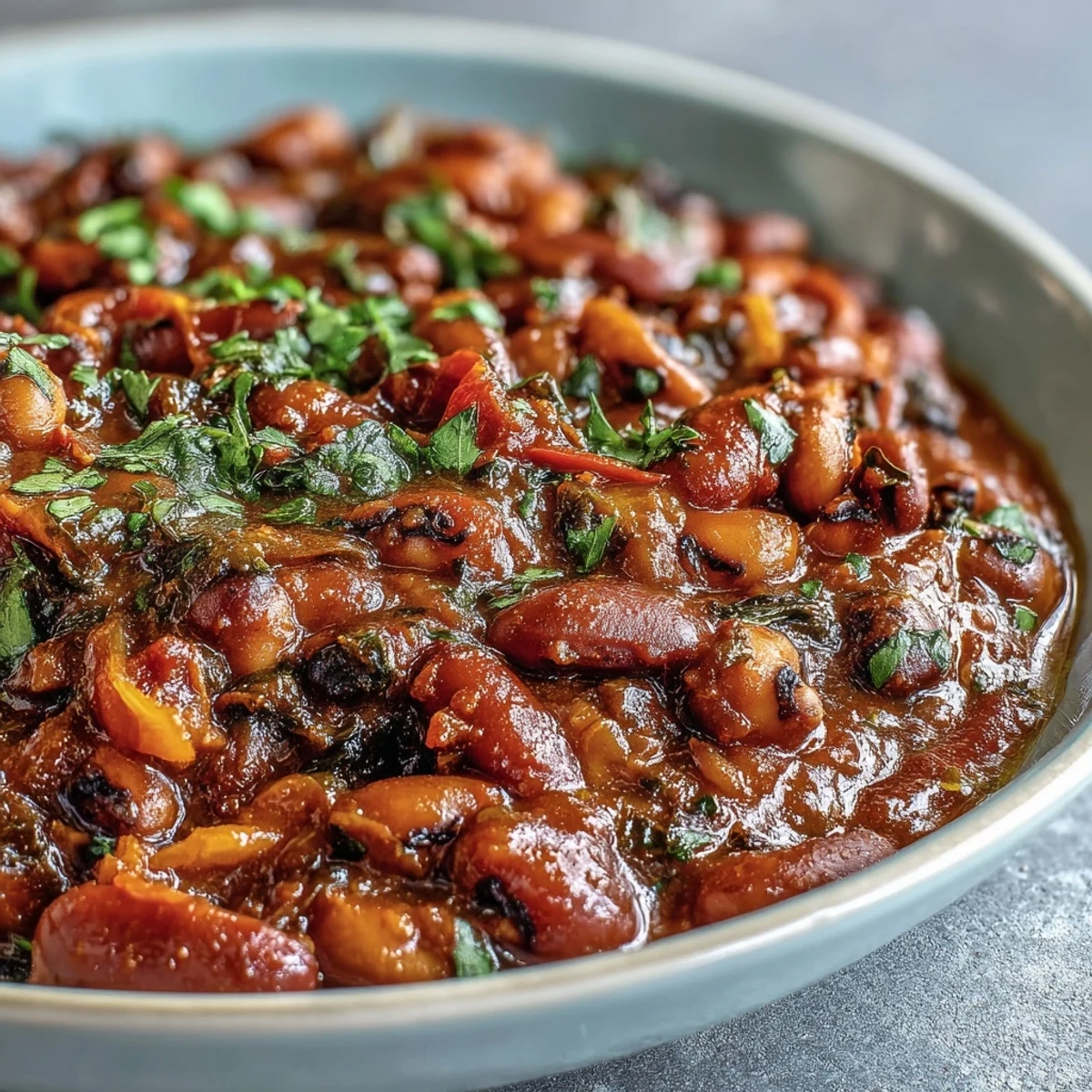 A steaming bowl of homemade Black-Eyed Pea Chili topped with sour cream and cilantro.