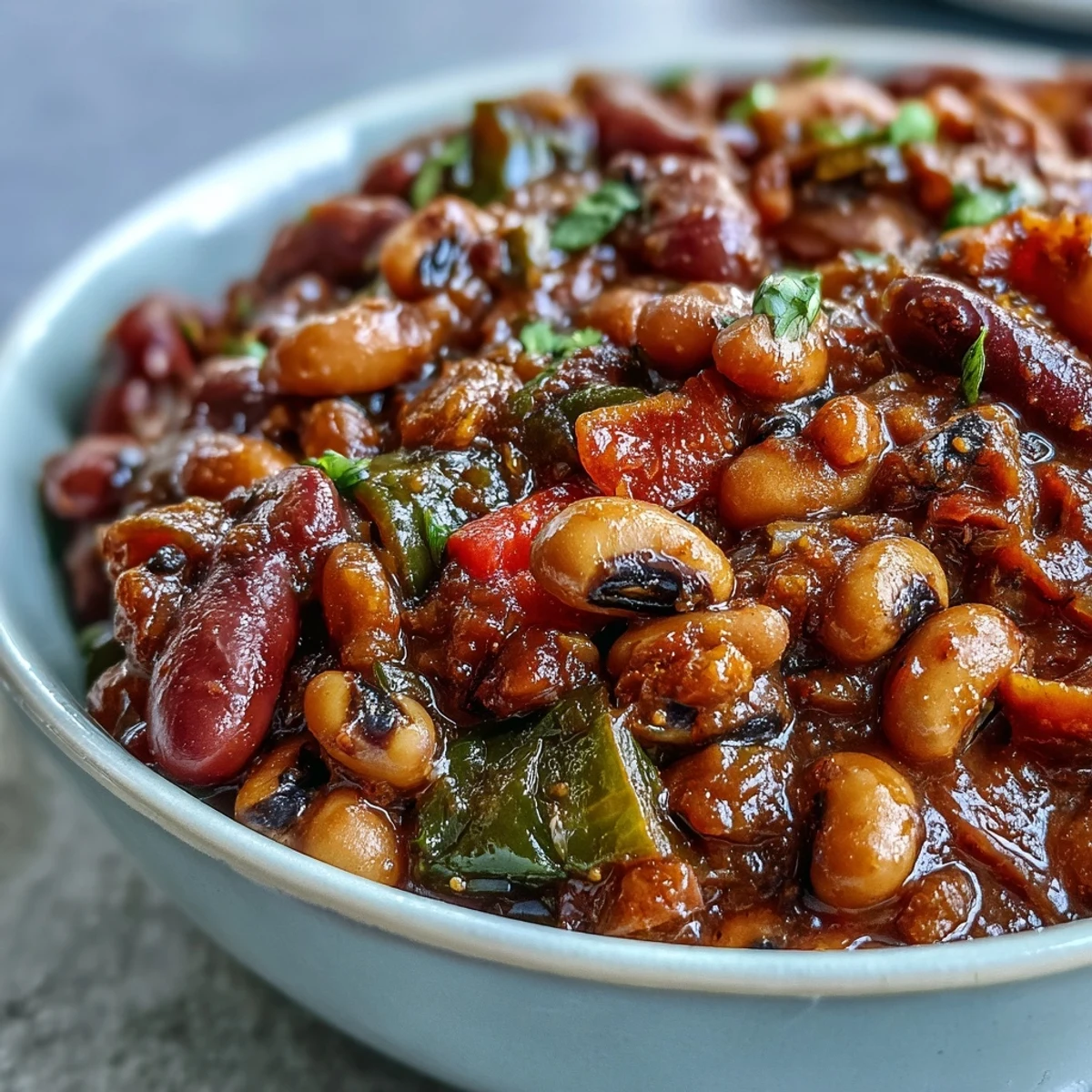 Hearty Black-Eyed Pea Chili served in a rustic bowl with a side of cornbread.