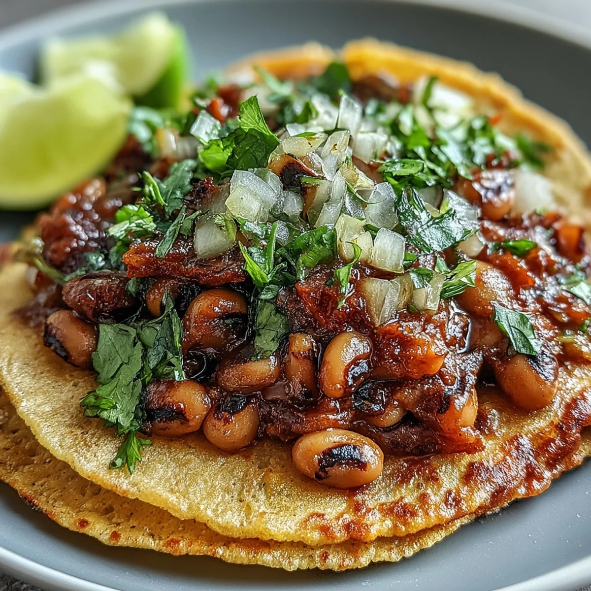 Black-Eyed Pea Tacos arranged on a plate, garnished with cilantro and onion, ready to be enjoyed for dinner.