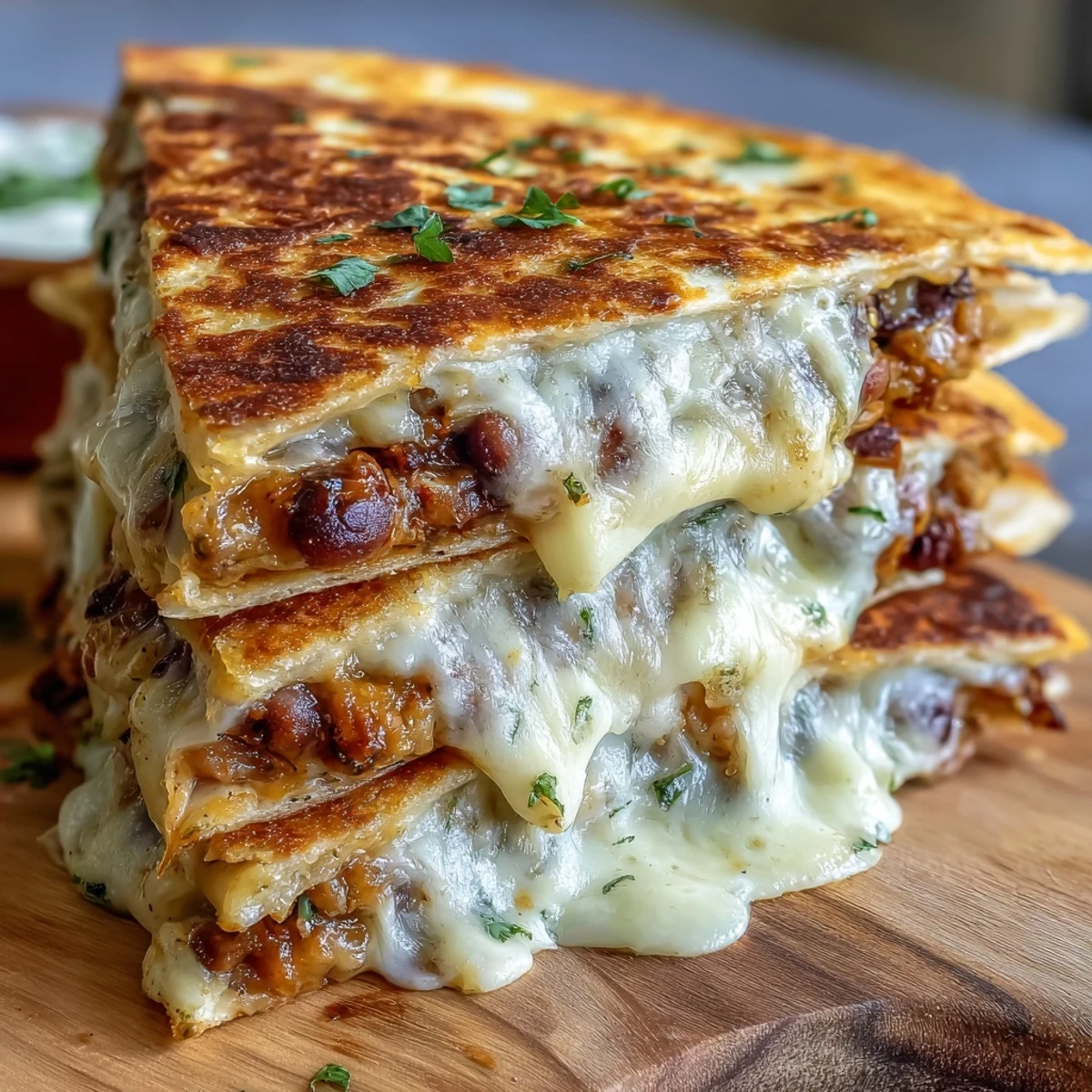 Golden-brown Black-Eyed Pea Quesadilla wedges resting on a plate, the melted cheddar cheese visibly gooey and stretching.