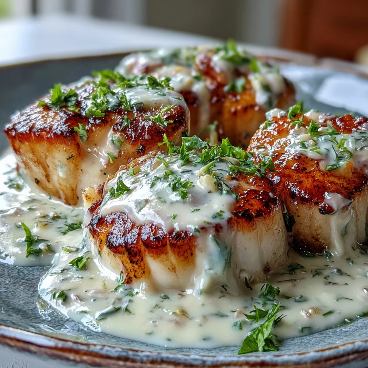 Golden seared scallops on a plate, smothered in a creamy, spicy Cajun sauce with fresh parsley garnish.