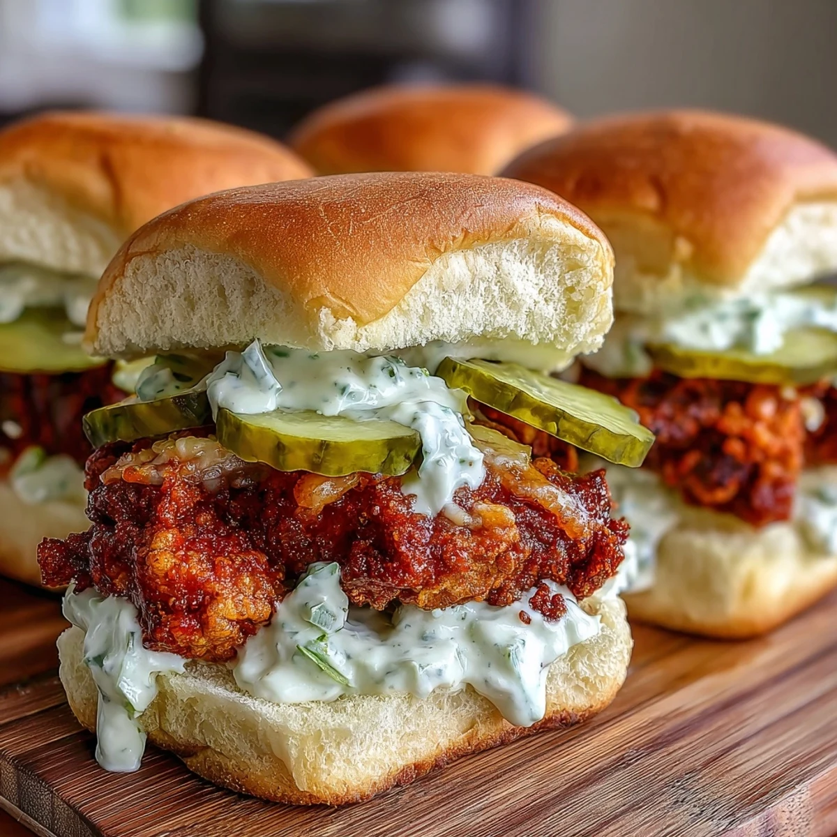 Tender fried chicken thighs tucked into soft slider buns, drizzled with tangy dill pickle aioli.