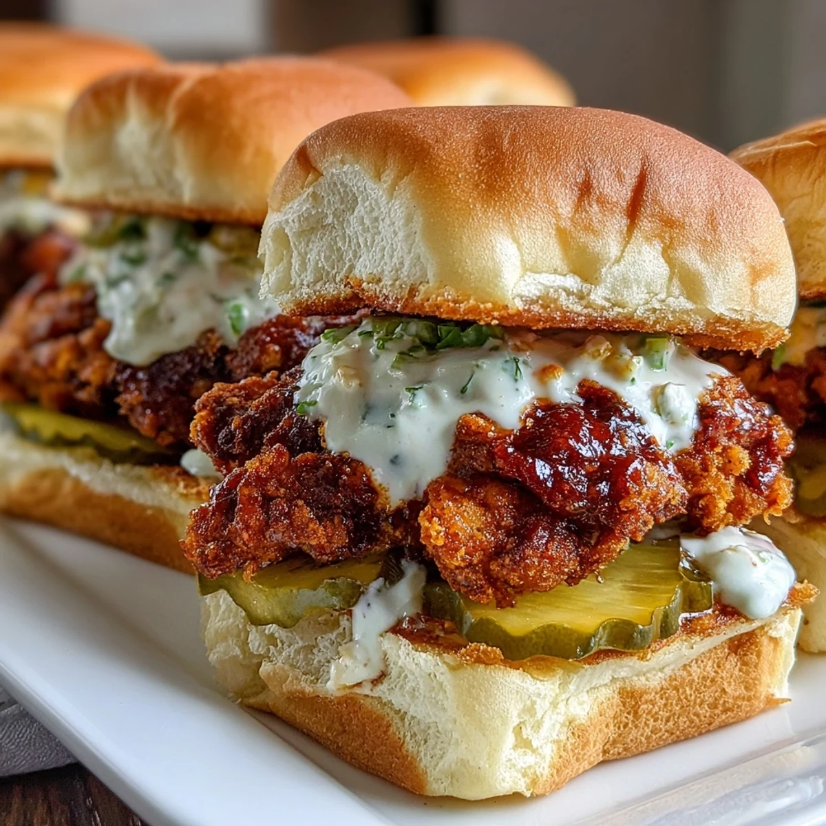 Spicy Nashville Hot Chicken Sliders served hot, featuring crunchy pickles and creamy aioli on top.