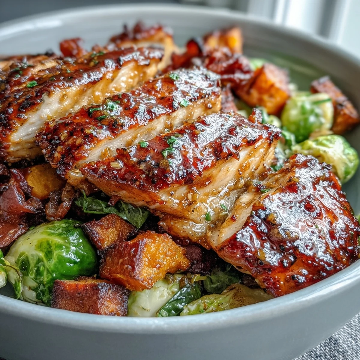 Roasted Brussels sprouts and sweet potatoes add texture beside glazed chicken in this hearty maple Dijon chicken sweet potato bowl.