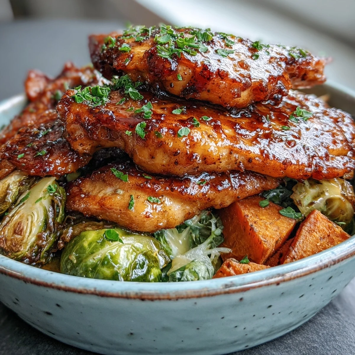 Sliced maple Dijon chicken rests over roasted sweet potatoes and Brussels sprouts on a bed of wild rice, garnished with pecans and cranberries.