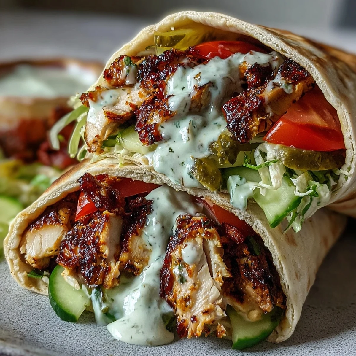 Golden-brown chicken shawarma pieces nestled in soft pita bread with vibrant vegetables and tangy pickles.