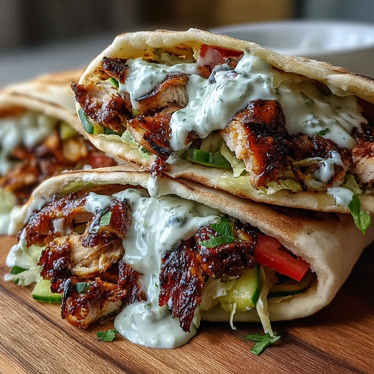 Homemade chicken shawarma wrap held in hand, showcasing juicy grilled meat and a generous creamy garlic sauce.