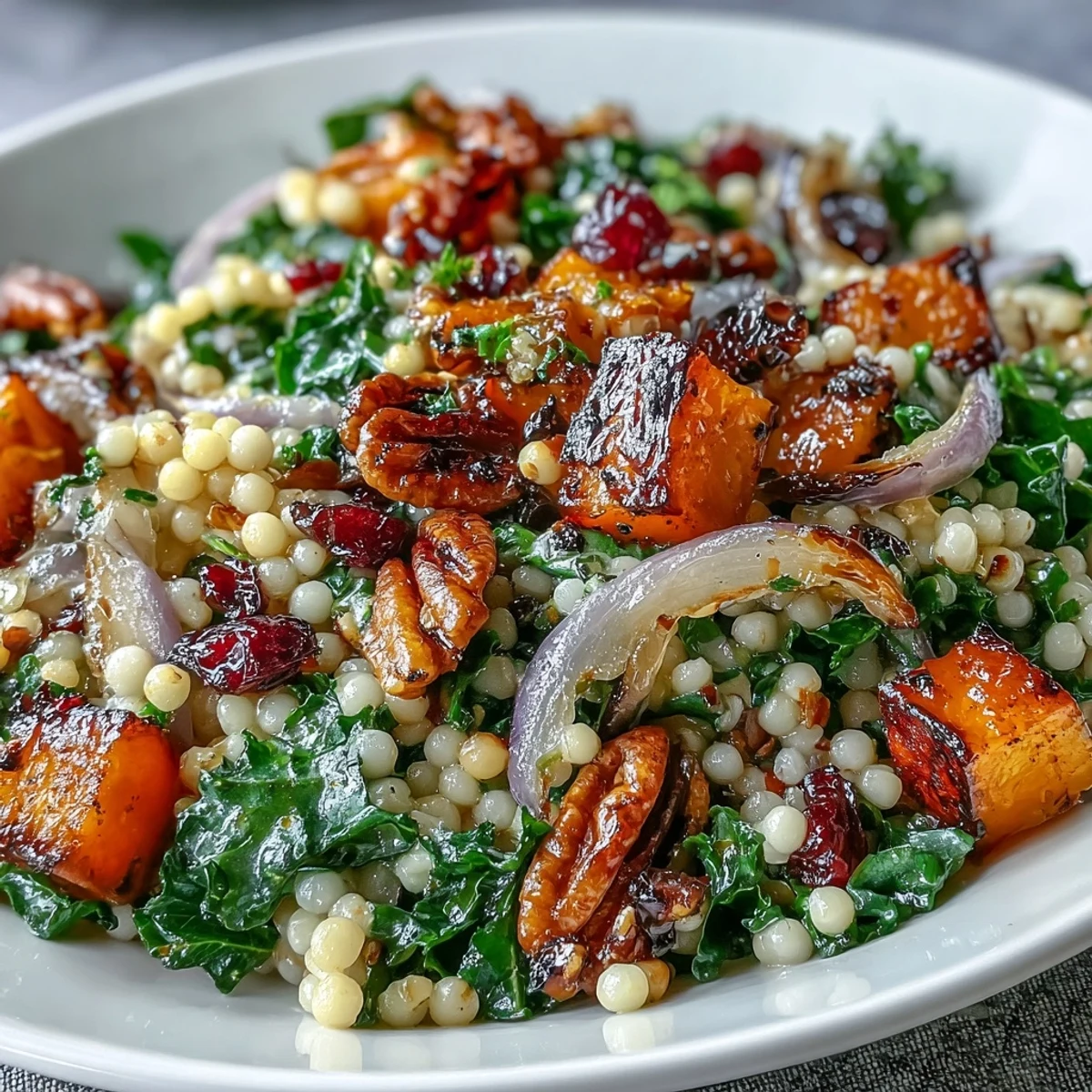 Freshly massaged kale and tender pearl couscous salad with roasted butternut squash and toasted pecans.