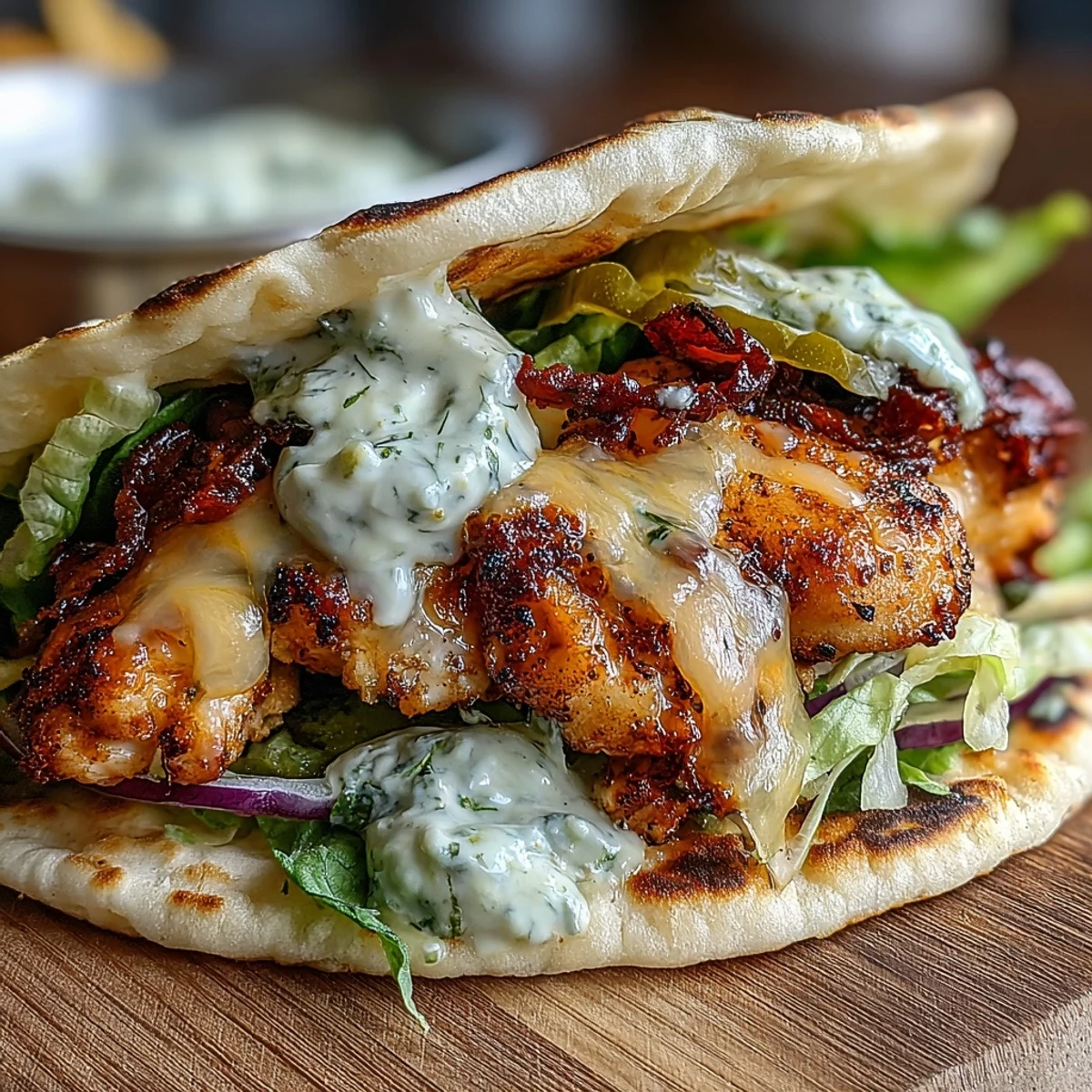 A warm skillet holds Dill Pickle Ranch Smash Chicken Tacos with Crispy Cheese Lace beside a bowl of ranch sauce.