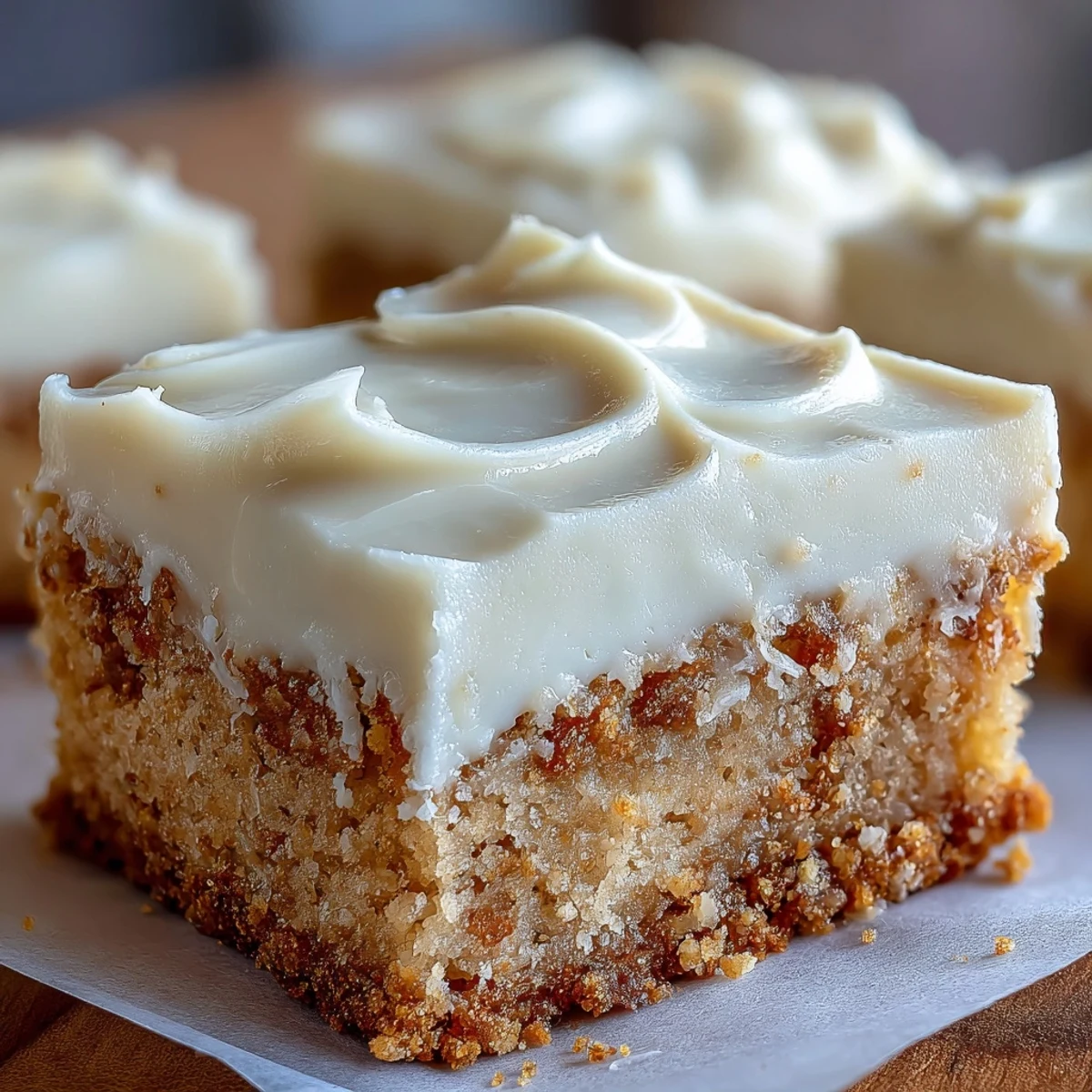 Freshly baked Almond Flour Sugar Cookie Bars, cooled and topped with smooth frosting, perfect for a chewy, sweet snack.