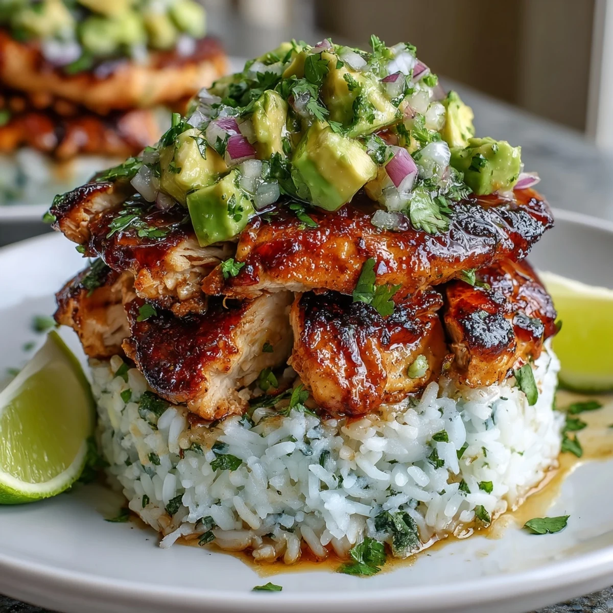 Golden honey-lime grilled chicken slices stacked on fluffy jasmine rice topped with avocado salsa.