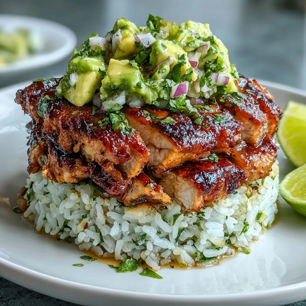Tangy Honey Lime Chicken & Avocado Rice Stack plated with vibrant avocado salsa and cilantro.