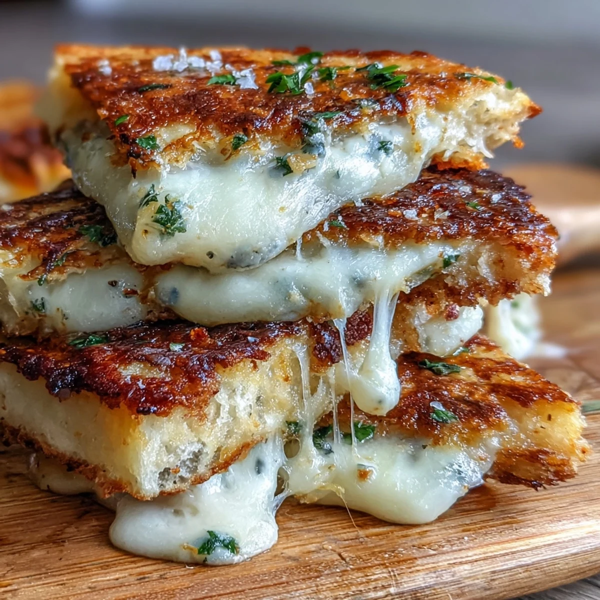 Golden, toasted Brown Butter Garlic Naan Grilled Cheese slices release steam and melted mozzarella on a rustic wooden board.