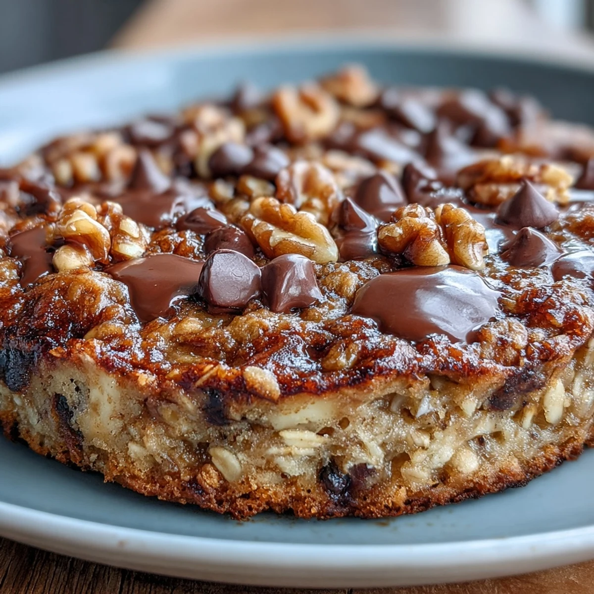 Freshly baked Chunky Monkey Oatmeal Cookie Skillet showing gooey chocolate chunks and ripe banana pieces in a cast-iron pan.