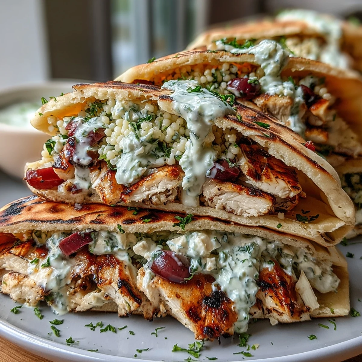Golden grilled chicken slices layered into fluffy couscous salad with tomatoes, cucumbers, olives, and feta inside warm pita.