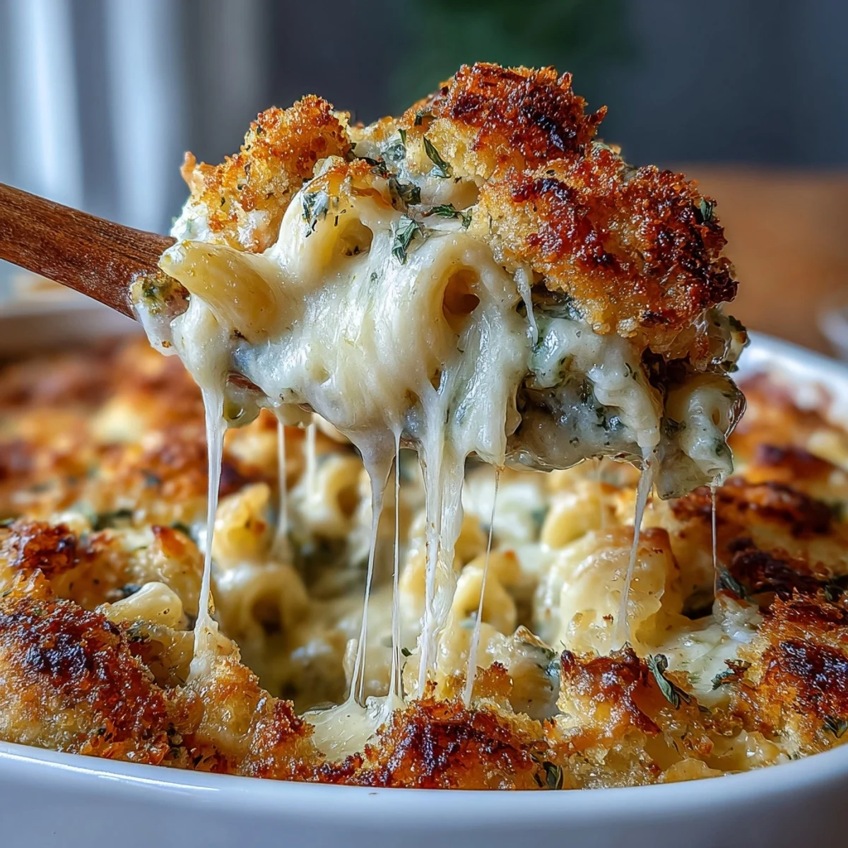 Golden-brown, crispy panko and pesto crusted Baked Pesto Chicken Mac & Cheese bubbling from the oven.