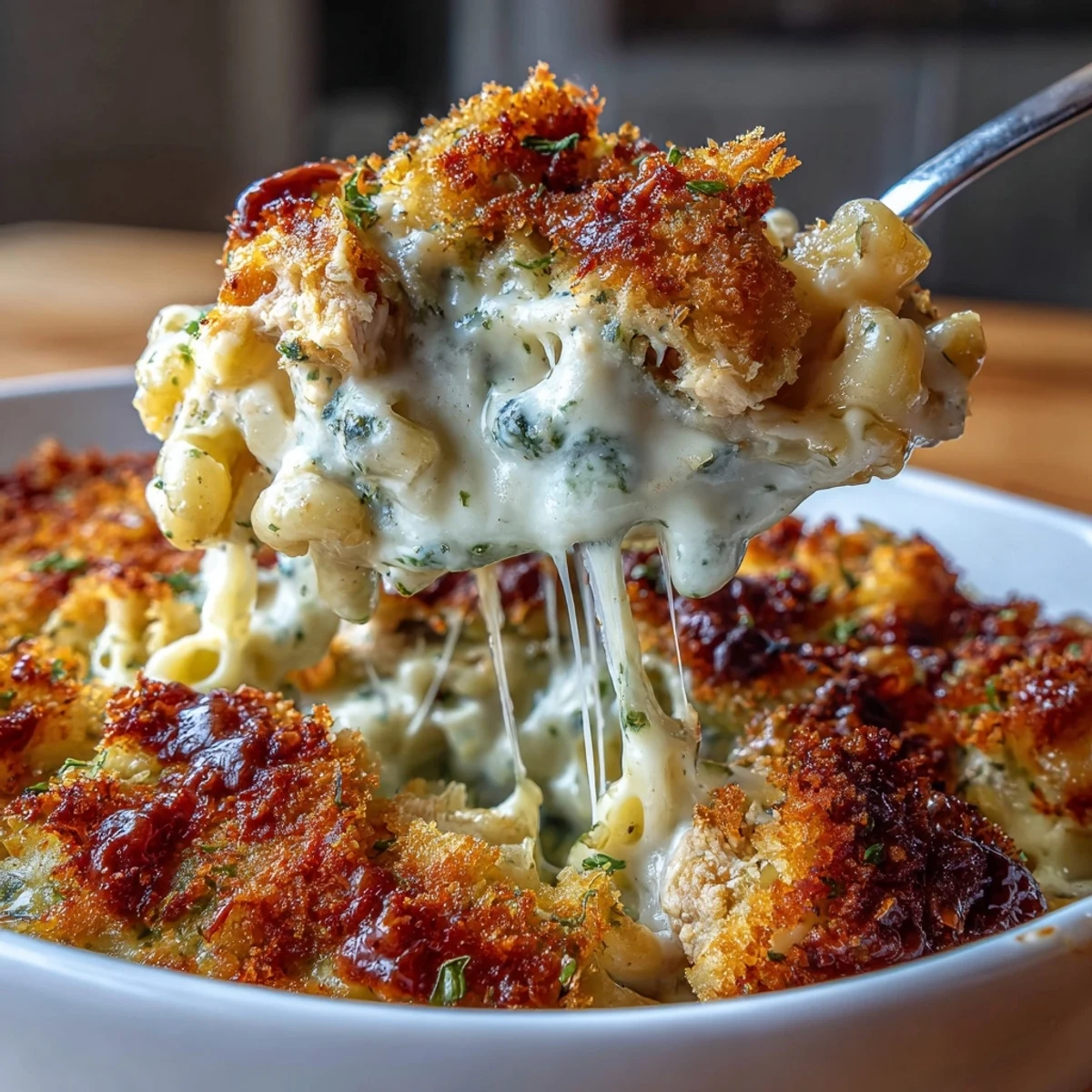 Fresh basil garnish accents a scoop of hearty Baked Pesto Chicken Mac & Cheese casserole.