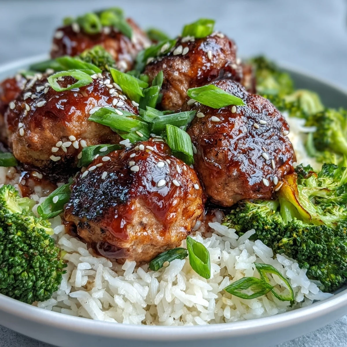 Juicy Honey Garlic Turkey Meatball Bowls feature tender meatballs glistening with sticky glaze over fluffy rice and steamed broccoli florets.