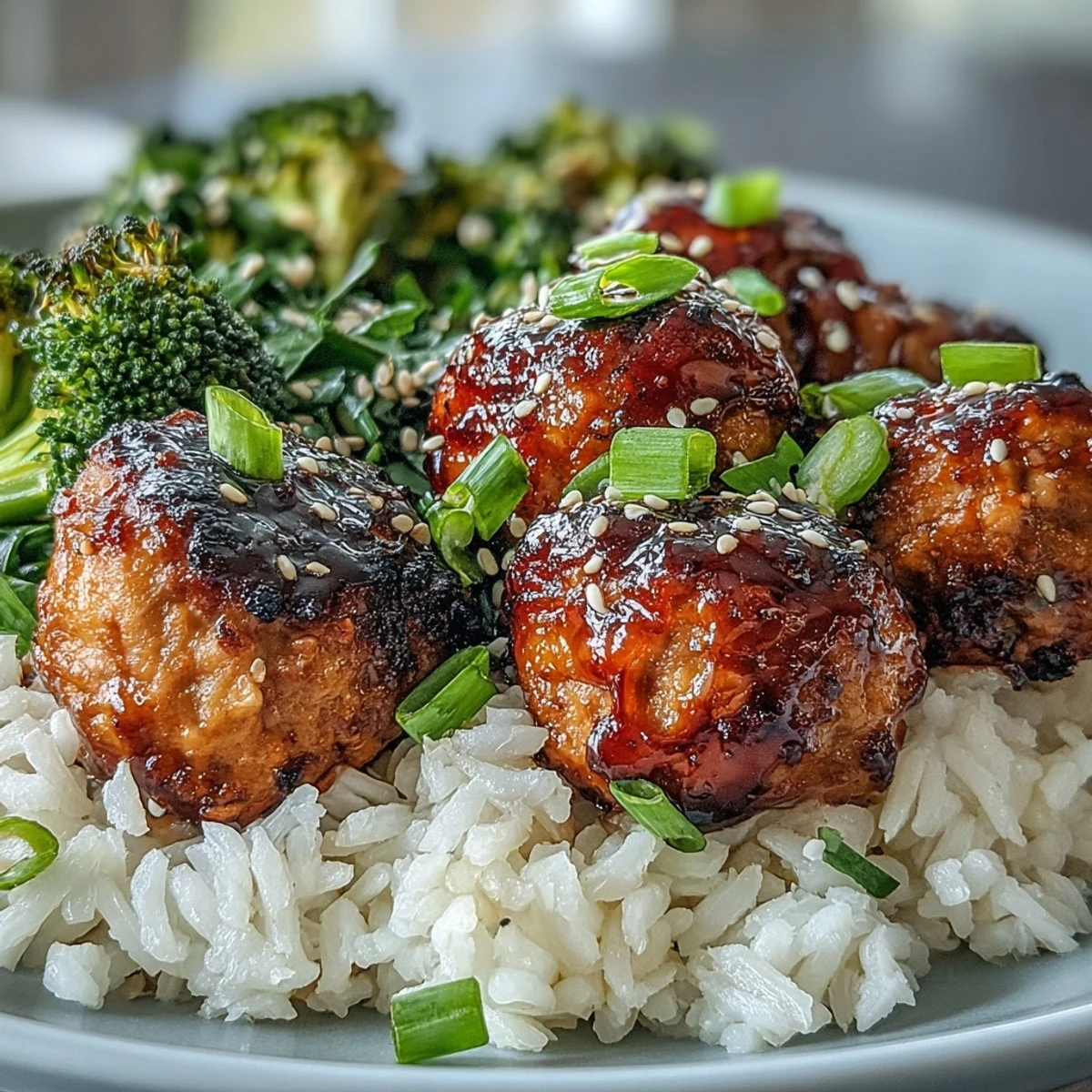 Enjoy Honey Garlic Turkey Meatball Bowls with glazed meatballs, aromatic jasmine rice, and crisp broccoli florets ready for a family dinner.
