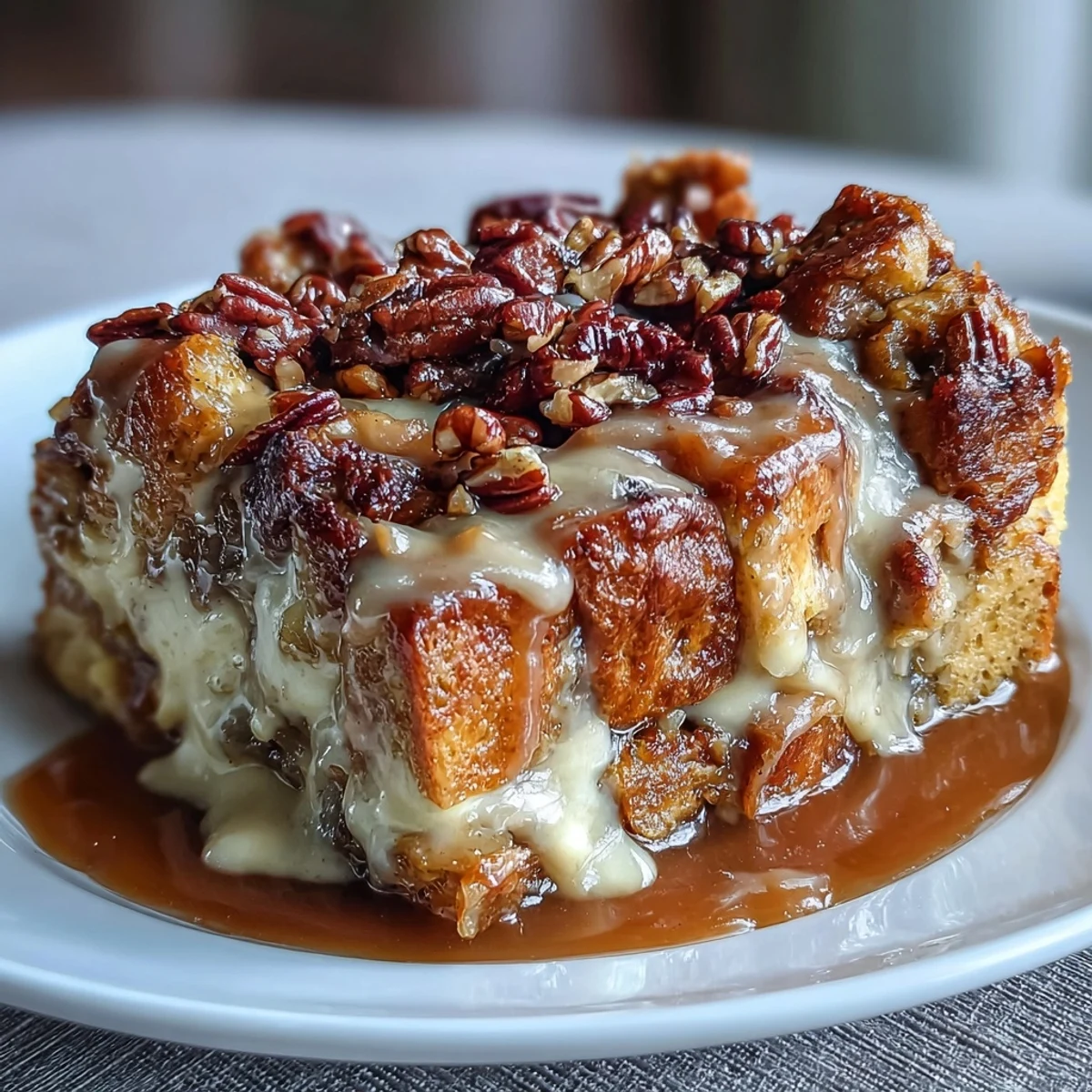 Creamy caramel apple cheesecake bread pudding in a golden-brown dish, topped with a caramel drizzle and served warm.  