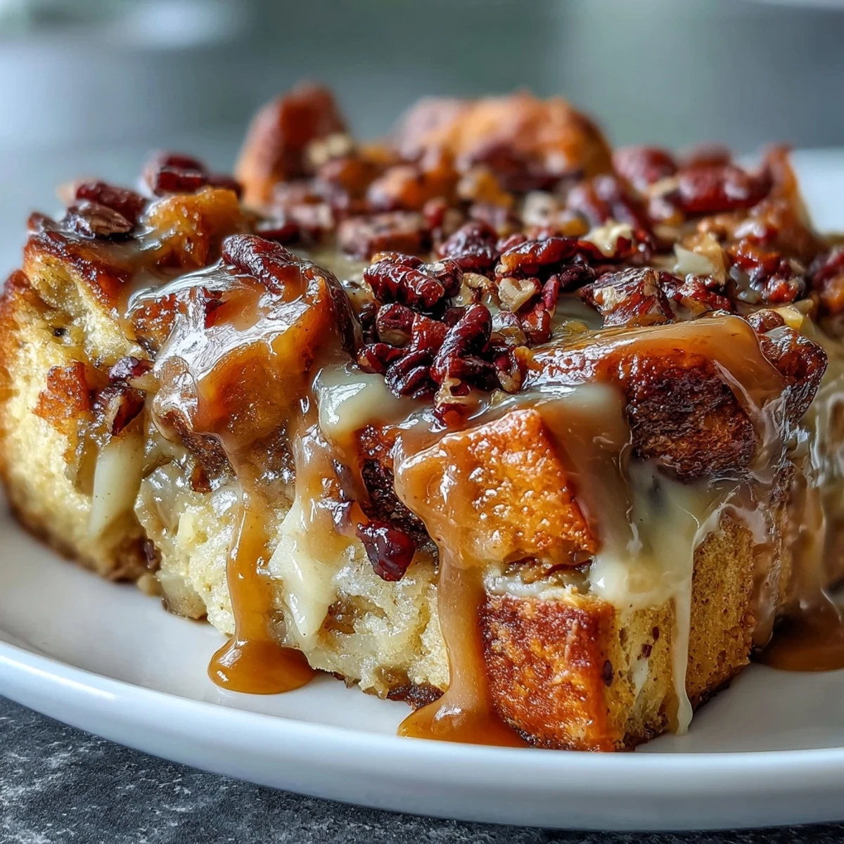 Homemade caramel apple cheesecake bread pudding on a rustic table, perfect for a cozy fall dessert.