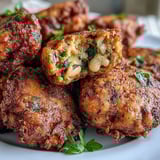 Freshly fried Black-Eyed Pea Fritters are arranged on a paper towel-lined plate, showing their crispy, crunchy exteriors.