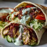 Golden-brown chicken shawarma pieces nestled in soft pita bread with vibrant vegetables and tangy pickles.