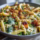 A steaming bowl of Veggie Pot Pie Pasta reveals a luscious, creamy sauce flecked with thyme and piled with a crisp breadcrumb topping.  