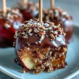 Candy apple slices with caramel and dark chocolate drizzle on a rustic wooden board.
