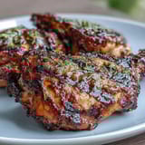 Honey garlic grilled chicken thighs with a glossy, caramelized glaze sizzling on a hot grill.