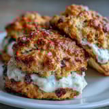 Warm, golden scones infused with dandelion honey, served with a generous dollop of clotted cream and a drizzle of honey for a floral, indulgent treat.