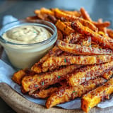 Delicious air fryer sweet potato fries piled high, perfect with smoky aioli.