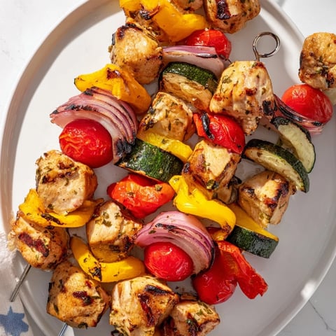 Grilled Chicken and Veggie Skewers with vibrant char marks, a healthy and flavorful dinner option.