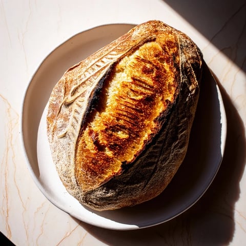 Golden-brown turkey-shaped sourdough bread with crisp crust and feather details, dusted with flour on a wooden board. 