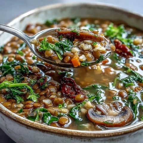 Homemade Double Lentil and Mushroom Barley Soup in a rustic bowl, showcasing tender lentils and mushrooms in a rich, savory broth.