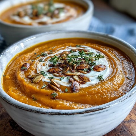 Velvety Roasted Butternut Squash Soup garnished with pumpkin seeds and thyme, served warm in a rustic bowl.