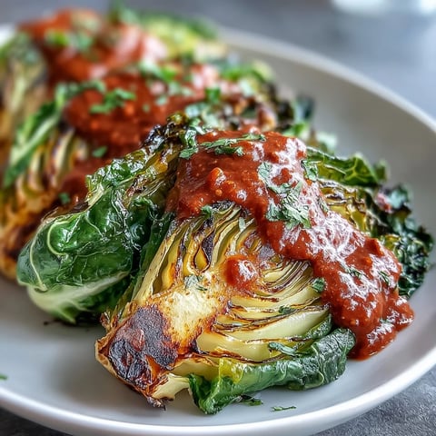 Golden roasted cabbage wedges glistening with olive oil, drizzled with a rich, nutty Winter Romesco sauce on a rustic platter.