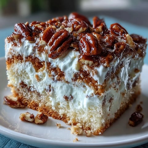 Freshly baked Butter Pecan Tres Leches Cake sliced on a plate, drizzled with sticky caramel and nutty pecans.