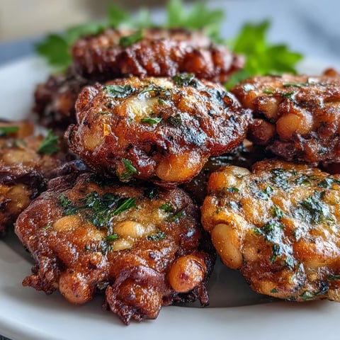 A close-up of golden-brown Black-Eyed Pea Fritters sizzling in a skillet, with a wooden spoon ready to flip.