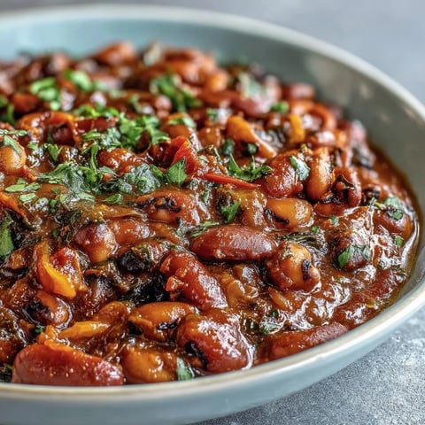 A steaming bowl of homemade Black-Eyed Pea Chili topped with sour cream and cilantro.