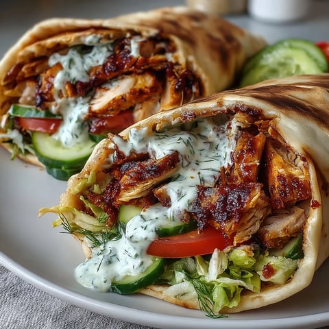 Grilled chicken shawarma wrap stuffed with fresh lettuce, tomatoes, and pickles, drizzled with creamy garlic sauce.
