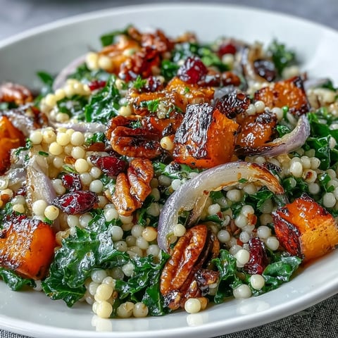 Freshly massaged kale and tender pearl couscous salad with roasted butternut squash and toasted pecans.