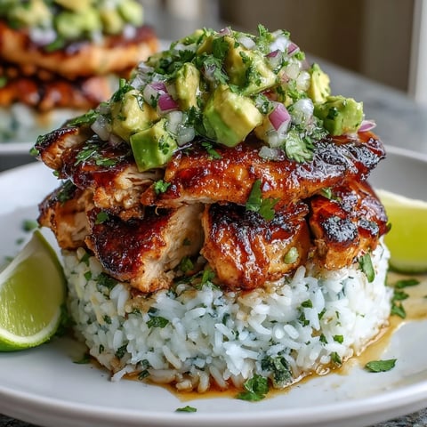 Golden honey-lime grilled chicken slices stacked on fluffy jasmine rice topped with avocado salsa.