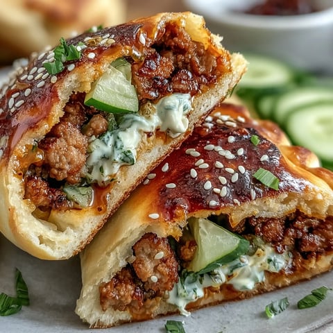 Warm naan pockets stuffed with Korean ground turkey, filled with crisp cucumber slices and drizzled with creamy gochujang mayo.