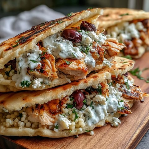 Warm pita pockets stuffed with sliced Greek lemon chicken, pearl couscous salad, creamy tzatziki, feta, and fresh parsley.