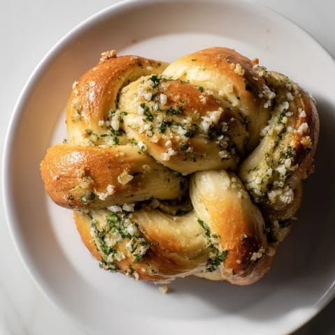 Freshly baked homemade garlic knots, aromatic with garlic and herbs, ideal for an Italian-American appetizer.