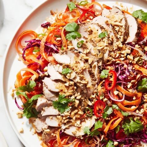 This colorful Carrot Ribbon and Chicken Slaw showcases tender chicken and crisp veggies drizzled in a zesty dressing.