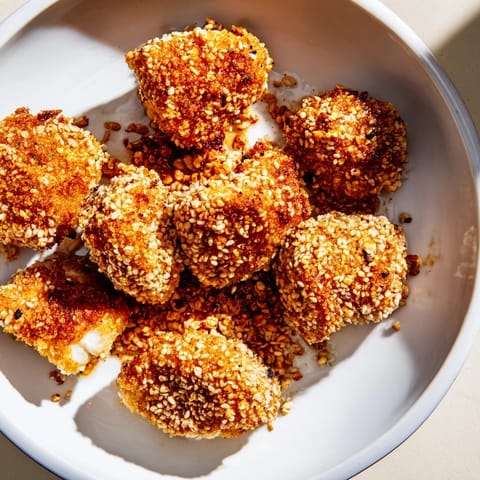 Close-up of baked Spicy Yogurt Chicken Bites, showing the delicious crust and sesame seeds.