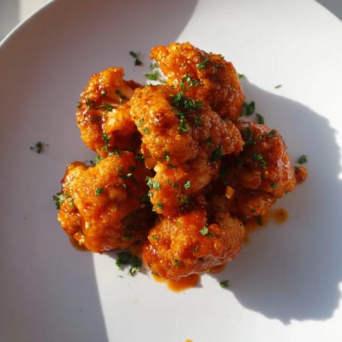 Plump, saucy Sriracha-Buffalo Cauliflower Bites, glistening with flavorful glaze, fresh from the oven, vegan.