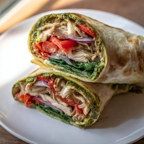 This image shows a beautifully arranged Pesto Chicken Wrap, sliced open, revealing its delicious layers.